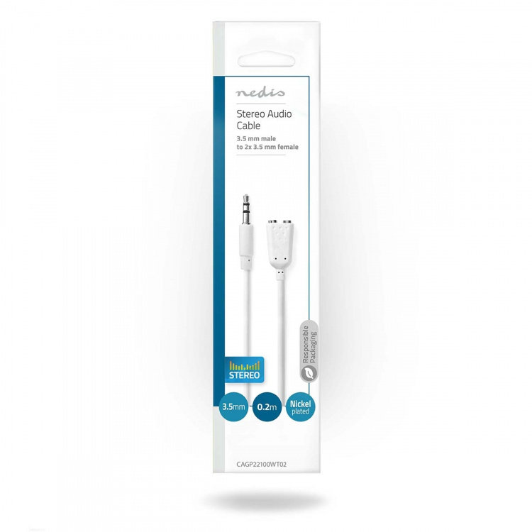 Nedis Stereo Audio kabel | 3.5 mm Hanstik | 2 x 3.5 mm Hunstik | Nikkelplateret | 0.20 m | Runde | Hvid | Konvolut