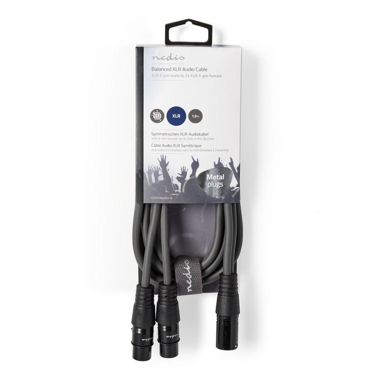 Nedis Balanceret Audio kabel | XLR 3-Pin Han | 2x XLR 3-Pin Hunstik | Nikkelplateret | 1.50 m | Runde | PVC | Mørkegrå | Kartonhylster