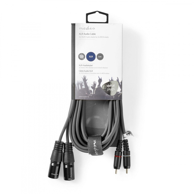 Nedis Balanceret Audio kabel | 2x XLR 3-Pin Hanstik | 2x RCA Hanstik | Nikkelplateret | 3.00 m | Runde | PVC | Mørkegrå | Kartonhylster
