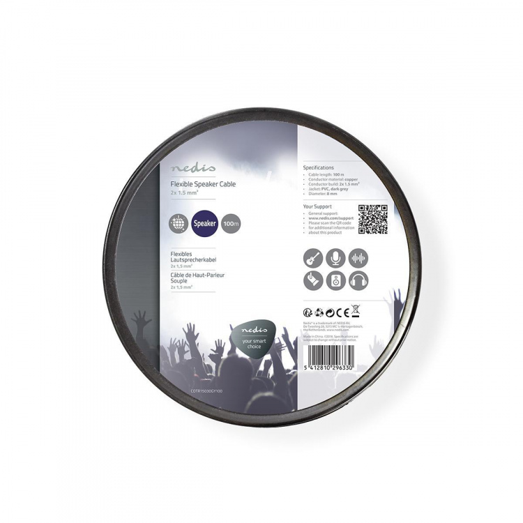Nedis Højtaler Kabel | 2 x 1.50 mm² | Kobber | 100.0 m | Runde | PVC | Mørkegrå | Rulle