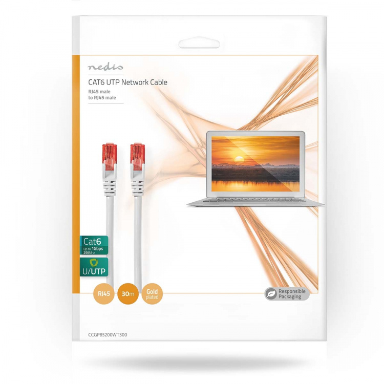 Nedis Kat 6 kabel | RJ45 Han | RJ45 Han | U/UTP | 30.0 m | Runde | PVC | Hvid | Plastikpose