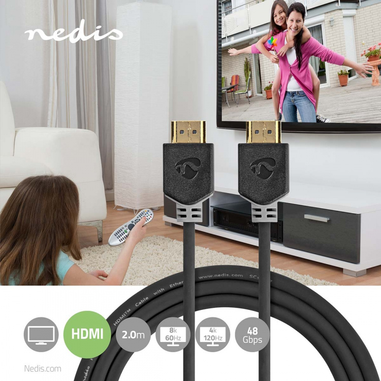 Nedis Ultra High Speed ​​HDMI ™ kabel | HDMI™ Stik | HDMI™ Stik | 8K@60Hz | 48 Gbps | 2.00 m | Runde | 6.5 mm | Antracit | Box