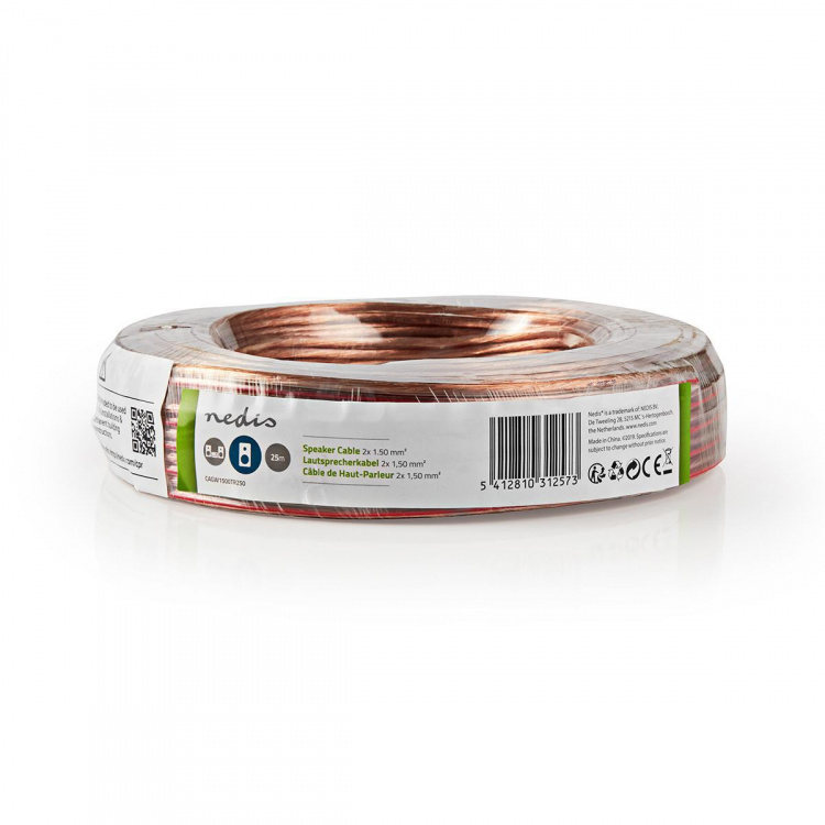 Nedis Højtaler Kabel | 2 x 1.50 mm² | CCA | 25.0 m | Runde | PVC | Gennemsigtig | Folie