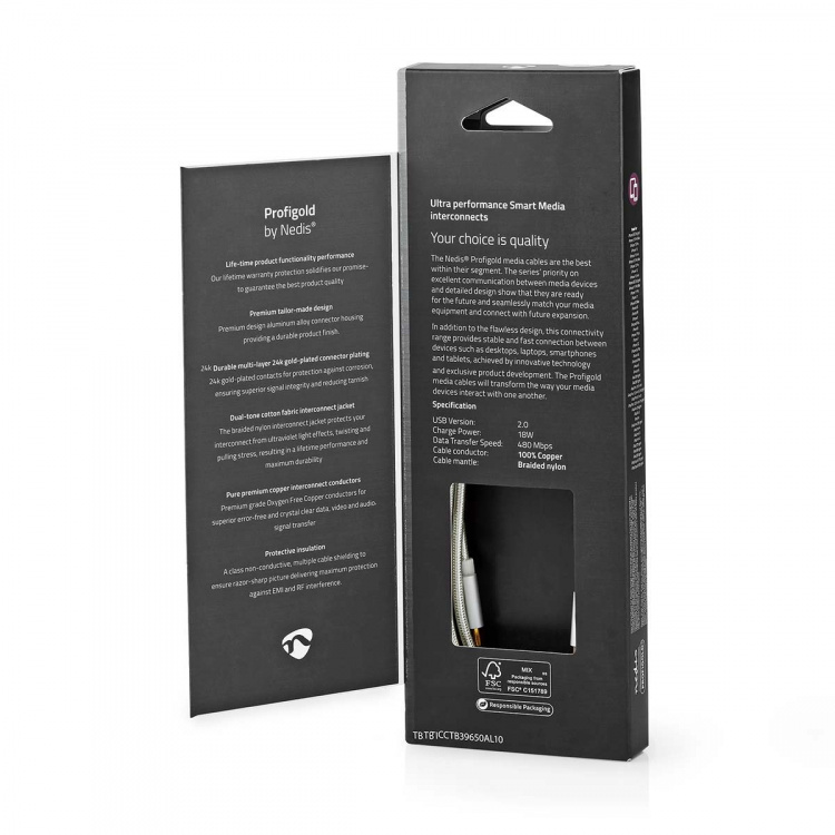 Nedis Lightning Kabel | USB 2.0 | Apple Lightning 8-pin | USB-C™ Han | 480 Mbps | Guldplateret | 1.00 m | Runde | Flettet / Nylon | Aluminium / Sølv | Cover Window Box