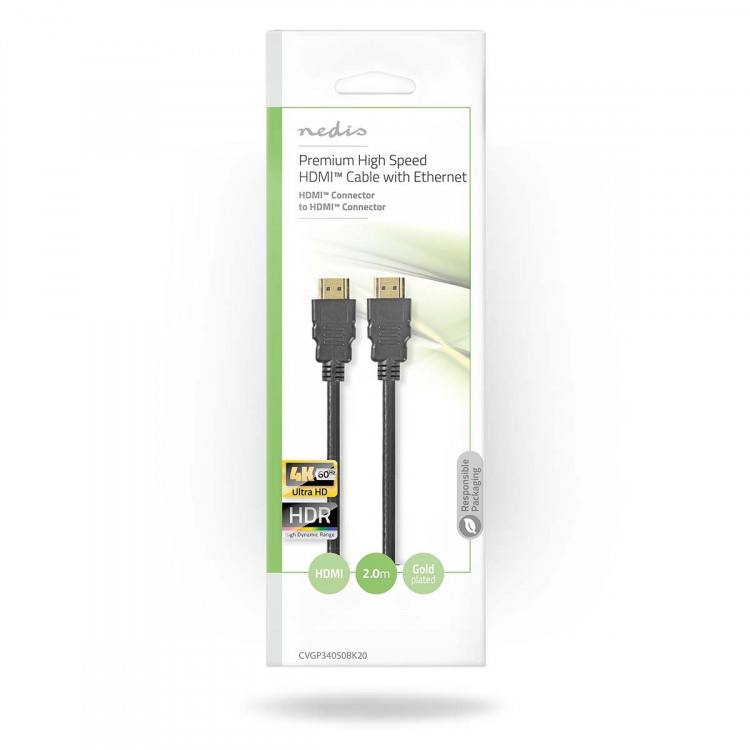 Nedis Premium High Speed ​​HDMI ™ kabel med Ethernet | HDMI™ Stik | HDMI™ Stik | 4K@60Hz | 18 Gbps | 2.00 m | Runde | PVC | Sort | Konvolut