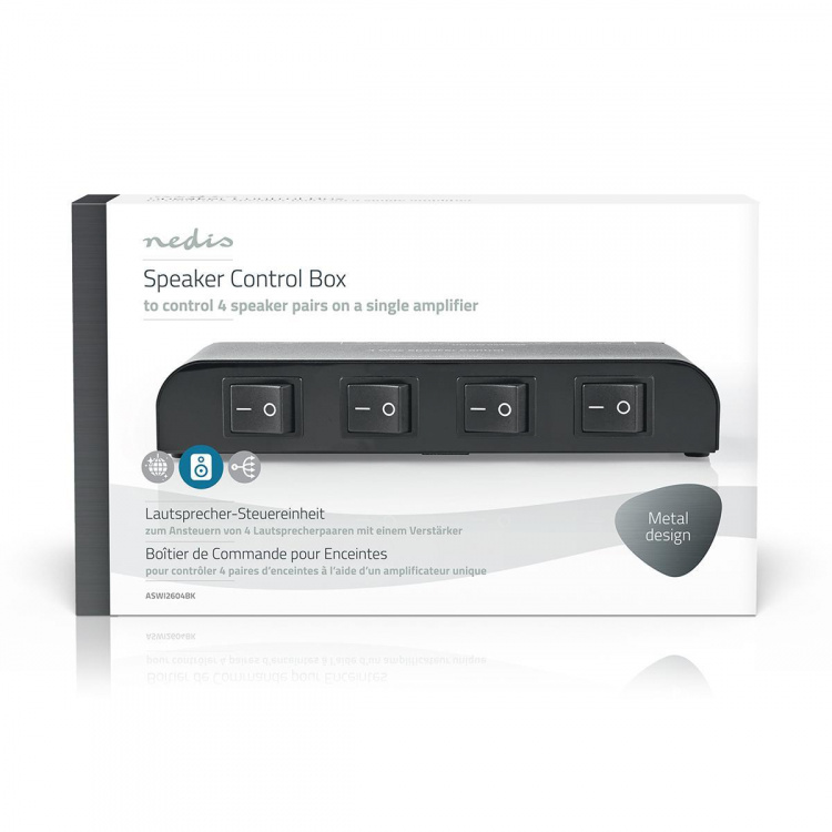 Nedis Højttaler kontrolboks | 4-Port port(s) | Terminal klemmer | Højttalerimpedans: 4-16 Ohm | Maksimal Belastning pr. Kanal: 200 W | Aluminium | Sort