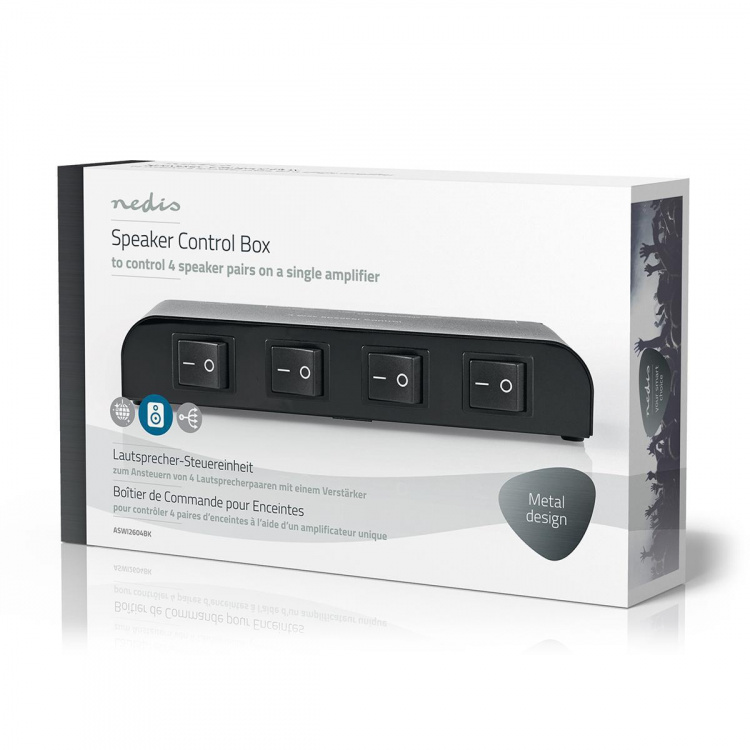 Nedis Højttaler kontrolboks | 4-Port port(s) | Terminal klemmer | Højttalerimpedans: 4-16 Ohm | Maksimal Belastning pr. Kanal: 200 W | Aluminium | Sort