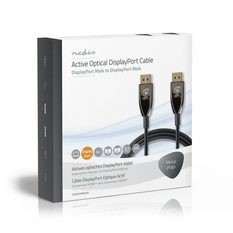 Nedis Aktiv Optisk DisplayPort kabel | DisplayPort 1.4 | DisplayPort Han | DisplayPort Han | 32.4 Gbps | 30.0 m | Runde | PVC | Sort | Gaveæske