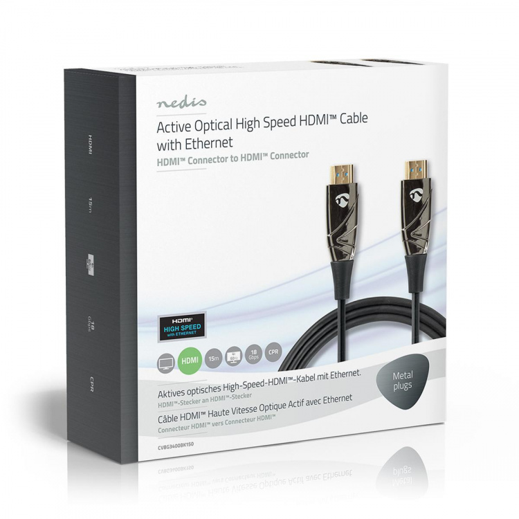 Nedis Aktiv Optisk High Speed ​​HDMI-kabel med Ethernet | HDMI™ Stik | HDMI™ Stik | 4K@60Hz | 18 Gbps | 15.0 m | Runde | PVC | Sort | Gaveæske