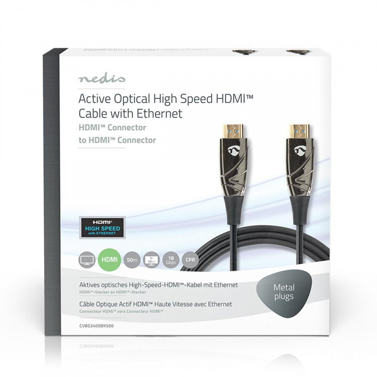 Nedis Aktiv Optisk High Speed ​​HDMI-kabel med Ethernet | HDMI™ Stik | HDMI™ Stik | 4K@60Hz | 18 Gbps | 50.0 m | Runde | PVC | Sort | Gaveæske
