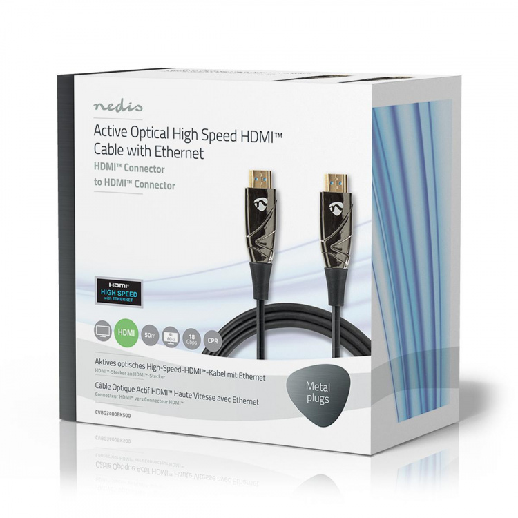 Nedis Aktiv Optisk High Speed ​​HDMI-kabel med Ethernet | HDMI™ Stik | HDMI™ Stik | 4K@60Hz | 18 Gbps | 50.0 m | Runde | PVC | Sort | Gaveæske
