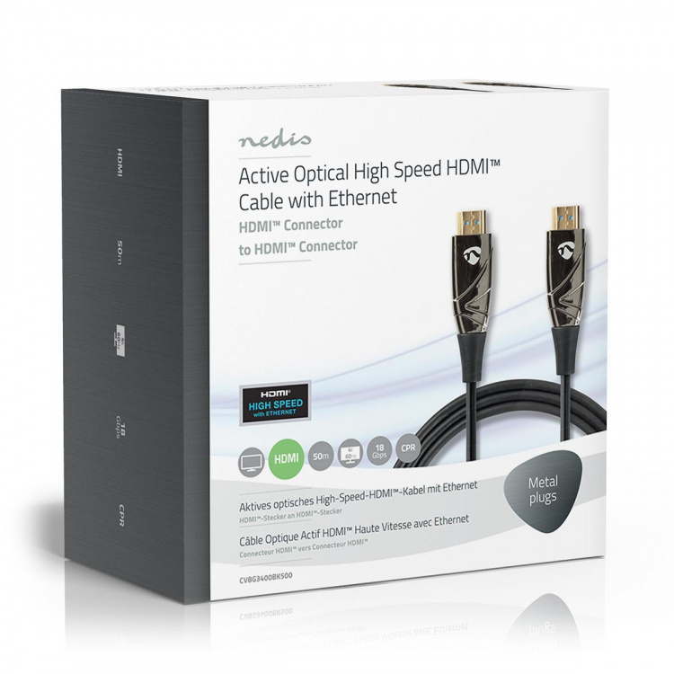 Nedis Aktiv Optisk High Speed ​​HDMI-kabel med Ethernet | HDMI™ Stik | HDMI™ Stik | 4K@60Hz | 18 Gbps | 50.0 m | Runde | PVC | Sort | Gaveæske