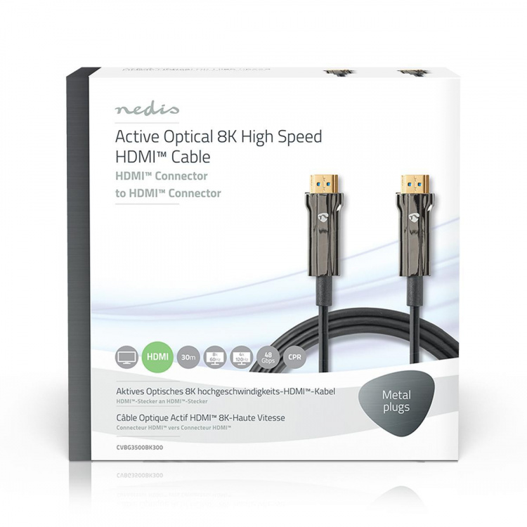 Nedis Aktiv Optisk Ultra High Speed ​​HDMI-Kabel med Ethernet | HDMI™ Stik | HDMI™ Stik | 8K@60Hz | 48 Gbps | 30.0 m | Runde | PVC | Sort | Gaveæske