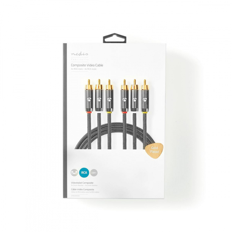Nedis Composite Video kabel | 3x RCA Han | 3x RCA Han | Guldplateret | 480p | 2.00 m | Runde | Bomuld | Antracit / Gun Metal Grå | Cover Window Box
