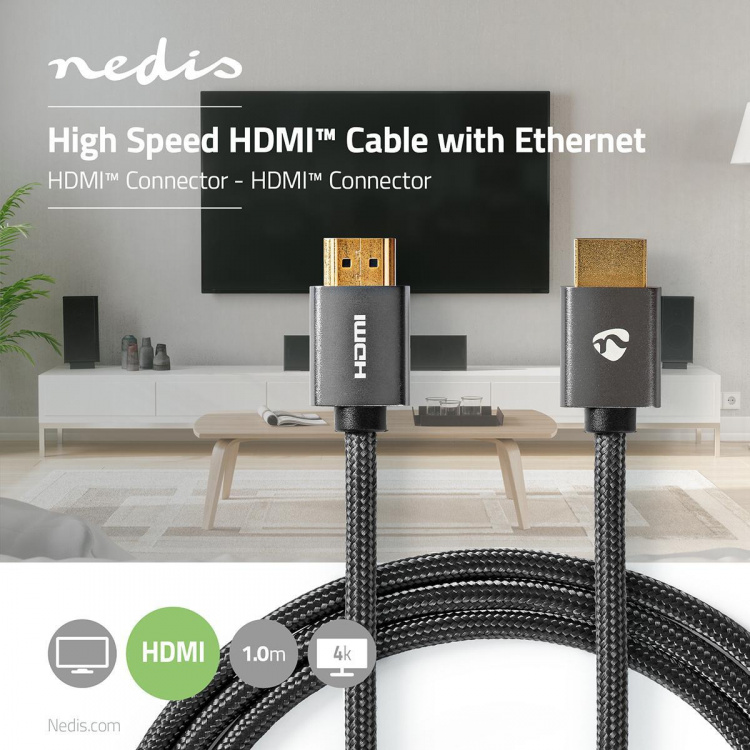 Nedis High Speed ​​HDMI ™ kabel med Ethernet | HDMI™ Stik | HDMI™ Stik | 4K@60Hz | ARC | 18 Gbps | 1.00 m | Runde | Bomuld | Gun Metal Grå | Cover Window Box