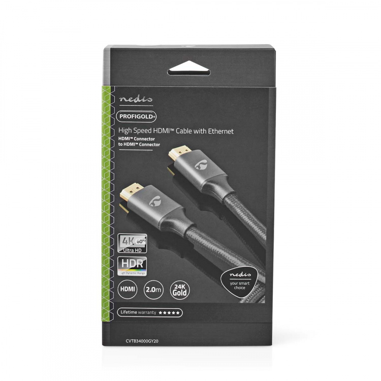 Nedis High Speed ​​HDMI ™ kabel med Ethernet | HDMI™ Stik | HDMI™ Stik | 4K@60Hz | ARC | 18 Gbps | 2.00 m | Runde | Bomuld | Gun Metal Grå | Cover Window Box