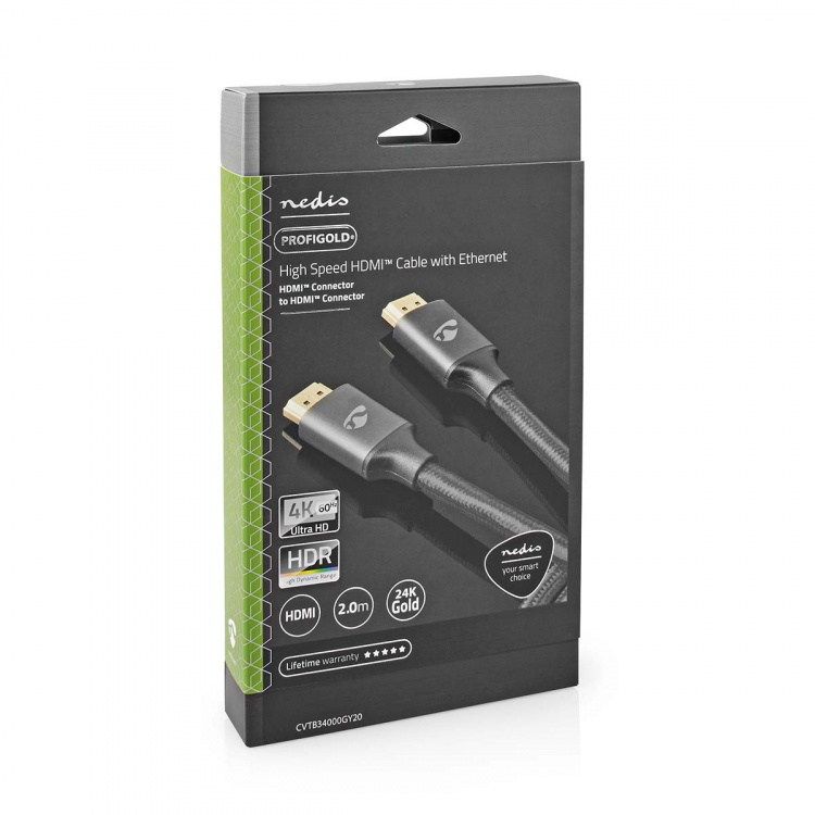 Nedis High Speed ​​HDMI ™ kabel med Ethernet | HDMI™ Stik | HDMI™ Stik | 4K@60Hz | ARC | 18 Gbps | 2.00 m | Runde | Bomuld | Gun Metal Grå | Cover Window Box