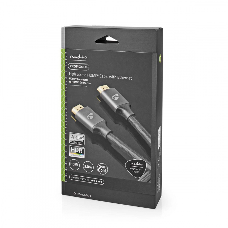 Nedis High Speed ​​HDMI ™ kabel med Ethernet | HDMI™ Stik | HDMI™ Stik | 4K@60Hz | ARC | 18 Gbps | 3.00 m | Runde | Bomuld | Gun Metal Grå | Cover Window Box