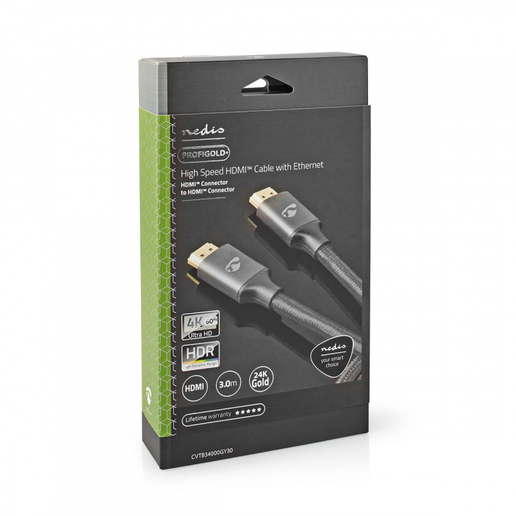 Nedis High Speed ​​HDMI ™ kabel med Ethernet | HDMI™ Stik | HDMI™ Stik | 4K@60Hz | ARC | 18 Gbps | 3.00 m | Runde | Bomuld | Gun Metal Grå | Cover Window Box