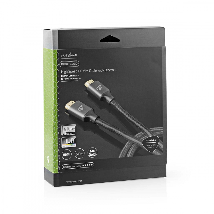 Nedis High Speed ​​HDMI ™ kabel med Ethernet | HDMI™ Stik | HDMI™ Stik | 4K@60Hz | ARC | 18 Gbps | 5.00 m | Runde | Bomuld | Gun Metal Grå | Cover Window Box
