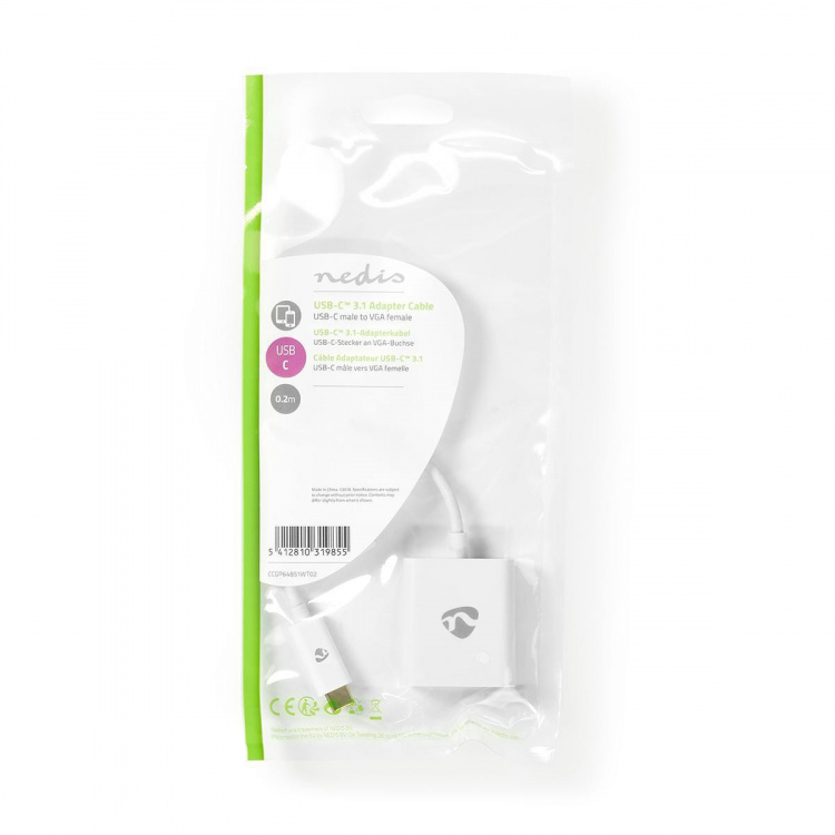 Nedis USB-C™ Adapter | USB 3.2 Gen 1 | USB-C™ Han | VGA Hun | 1080p | 5 Gbps | 0.20 m | Runde | Nikkelplateret | PVC | Hvid | Plastikpose
