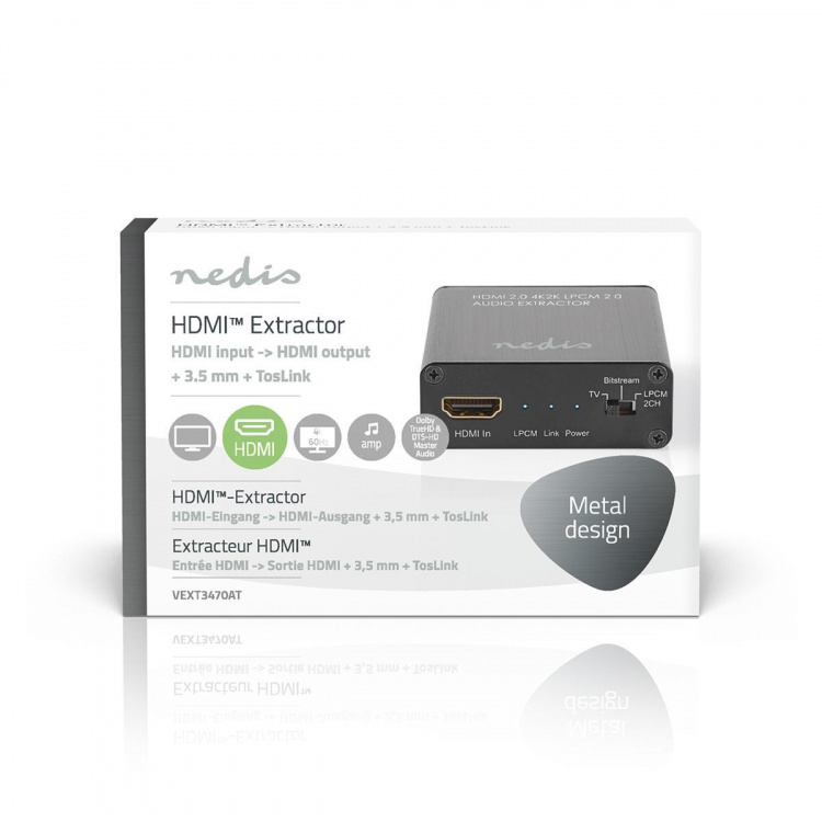 Nedis HDMI ™ Extractor | HDMI™ Input | TosLink Female / 1x 3.5 mm / 1x HDMI™ Output | Maksimal opløsning: 4K@60Hz | 18 Gbps | Metal | Antracit | Gaveæske
