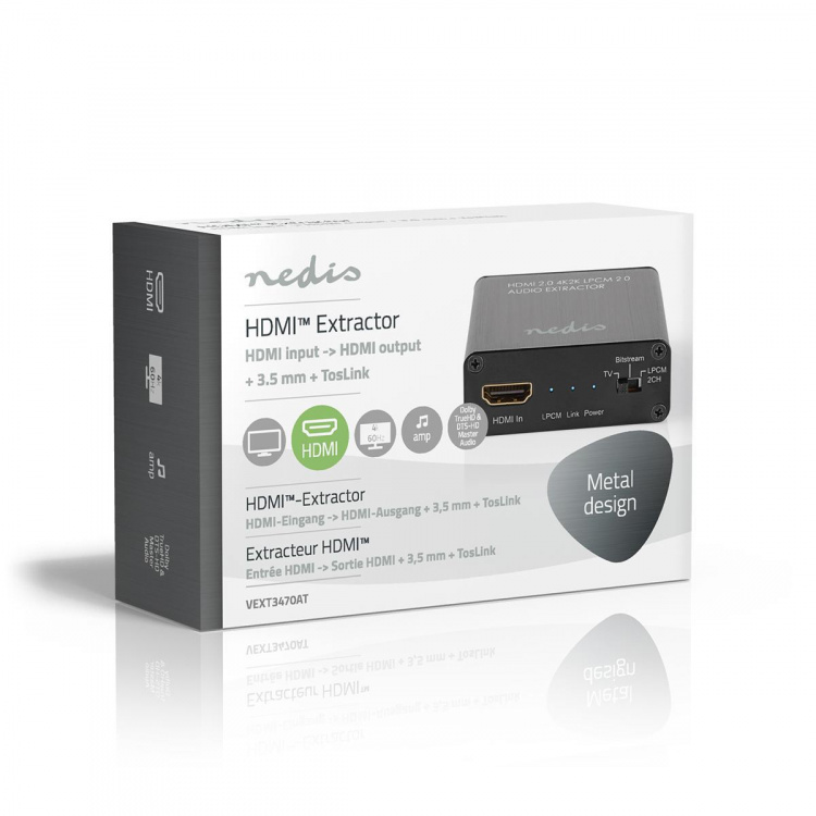 Nedis HDMI ™ Extractor | HDMI™ Input | TosLink Female / 1x 3.5 mm / 1x HDMI™ Output | Maksimal opløsning: 4K@60Hz | 18 Gbps | Metal | Antracit | Gaveæske