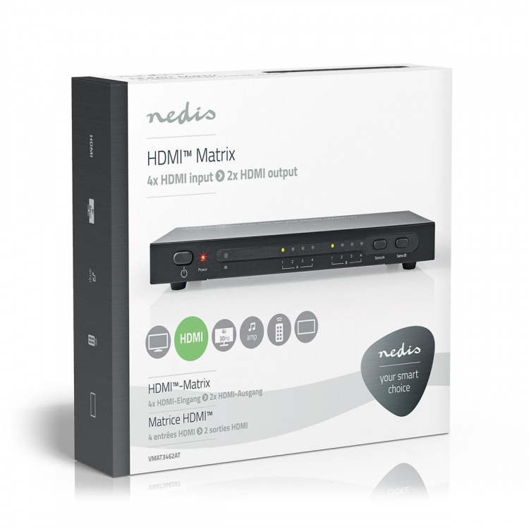 Nedis HDMI ™ Matrix Switch | 4 x 2-Port port(s) | 4x HDMI™ Input | 2x HDMI™ Output | 4K@30Hz | 3.4 Gbps | Fjernstyret | Metal | Antracit
