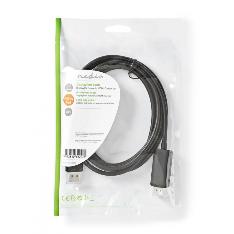 Nedis Displayport kabel | DisplayPort Han | HDMI™ Stik | 4K@60Hz | Nikkelplateret | 2.00 m | Runde | PVC | Sort | Plastikpose