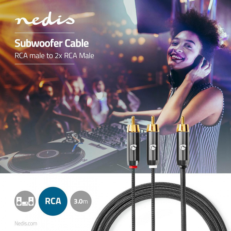 Nedis Subwoofer kabel | RCA Hanstik | 2x RCA Hanstik | Guldplateret | 3.00 m | Runde | 4.5 mm | Grå / Gun Metal Grå | Cover Window Box