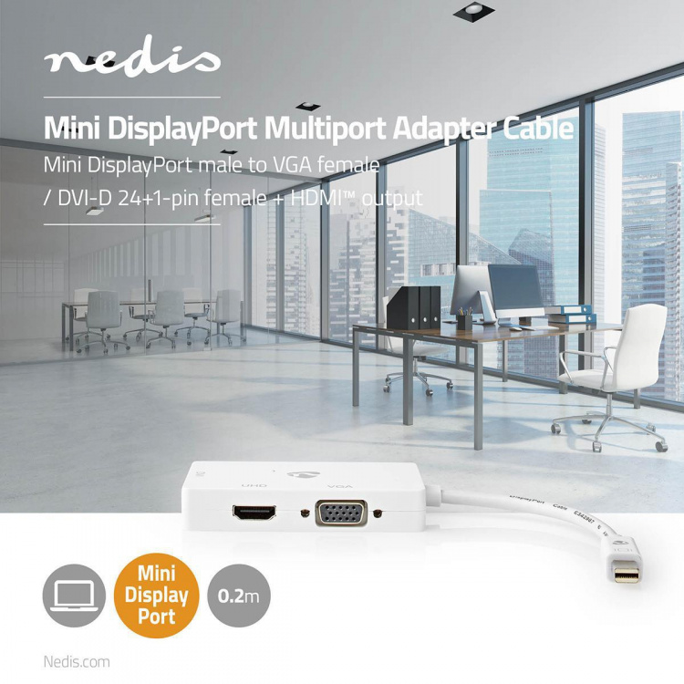 Nedis DisplayPort adapter | Mini DisplayPort han | DVI-D 24+1-Pins Hun / HDMI ™ -udgang / VGA Hun | 4K@60Hz | Nikkelplateret | Skiftelig | 0.20 m | Runde | ABS | ABS | Hvid | Plastikpose