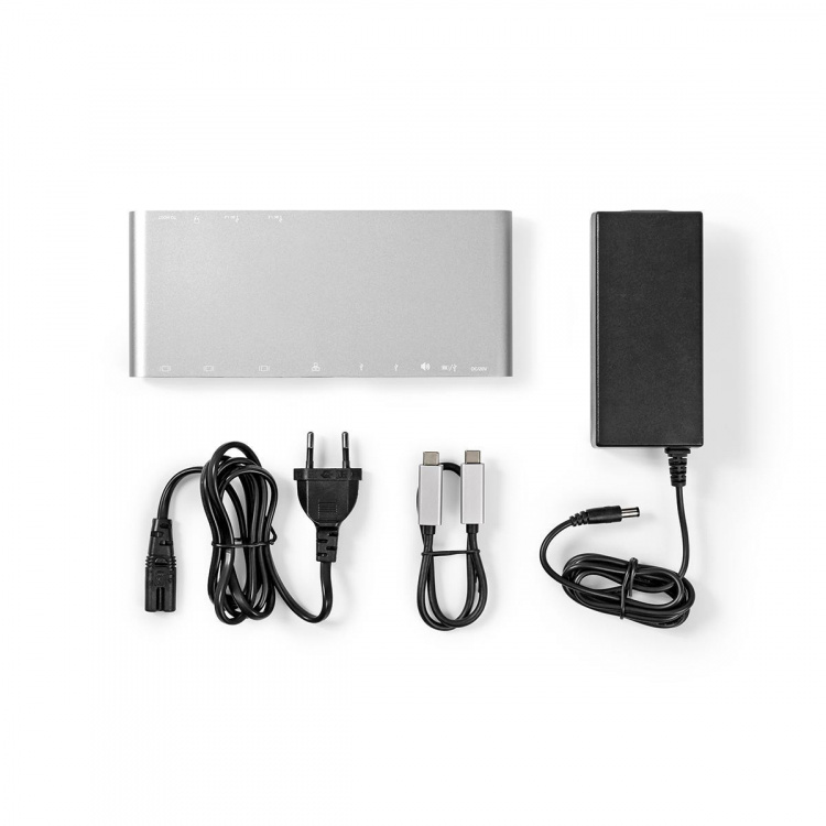Nedis USB Docking Station | USB 3.2 Gen 1 | USB-C™ Han | DisplayPort Hun / HDMI ™ -udgang / RJ45 Hun / VGA Hun / 2 x 3.5 mm Hunstik / 2x USB-C™ / 4x USB-A | 0.20 m | Runde | Nikkelplateret | Flettet / Nylon | Hvid | Window Box med Euro lås