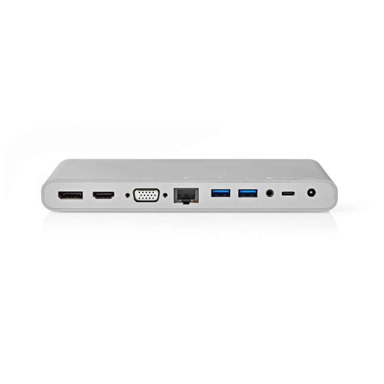 Nedis USB Docking Station | USB 3.2 Gen 1 | USB-C™ Han | DisplayPort Hun / HDMI ™ -udgang / RJ45 Hun / VGA Hun / 2 x 3.5 mm Hunstik / 2x USB-C™ / 4x USB-A | 0.20 m | Runde | Nikkelplateret | Flettet / Nylon | Hvid | Window Box med Euro lås