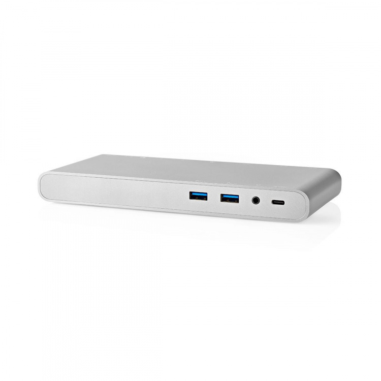 Nedis USB Docking Station | USB 3.2 Gen 1 | USB-C™ Han | DisplayPort Hun / HDMI ™ -udgang / RJ45 Hun / VGA Hun / 2 x 3.5 mm Hunstik / 2x USB-C™ / 4x USB-A | 0.20 m | Runde | Nikkelplateret | Flettet / Nylon | Hvid | Window Box med Euro lås
