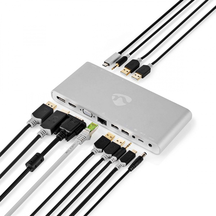 Nedis USB Docking Station | USB 3.2 Gen 1 | USB-C™ Han | DisplayPort Hun / HDMI ™ -udgang / RJ45 Hun / VGA Hun / 2 x 3.5 mm Hunstik / 2x USB-C™ / 4x USB-A | 0.20 m | Runde | Nikkelplateret | Flettet / Nylon | Hvid | Window Box med Euro lås