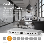 Nedis USB Docking Station | USB 3.2 Gen 1 | USB-C™ Han | DisplayPort Hun / HDMI ™ -udgang / RJ45 Hun / VGA Hun / 2 x 3.5 mm Hunstik / 2x USB-C™ / 4x USB-A | 0.20 m | Runde | Nikkelplateret | Flettet / Nylon | Hvid | Window Box med Euro lås