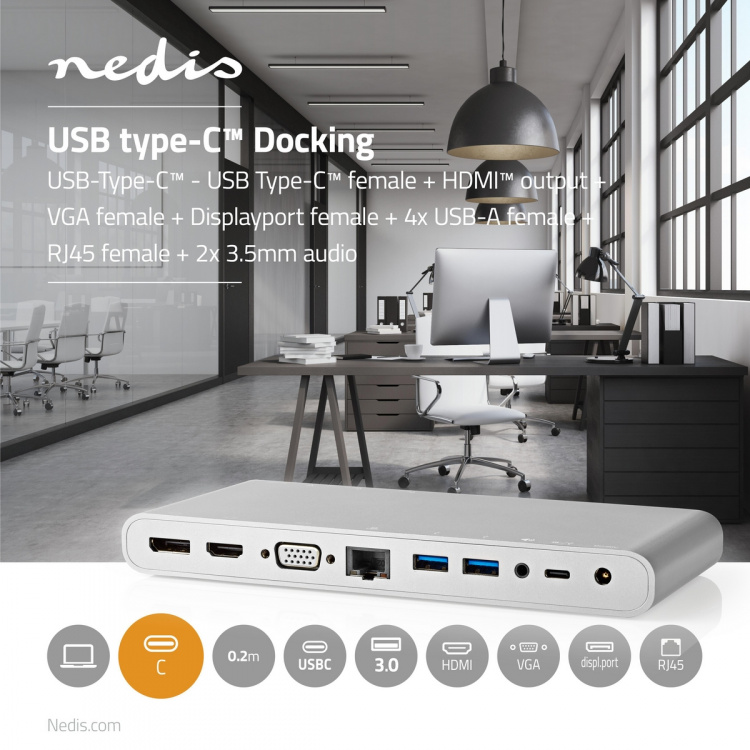 Nedis USB Docking Station | USB 3.2 Gen 1 | USB-C™ Han | DisplayPort Hun / HDMI ™ -udgang / RJ45 Hun / VGA Hun / 2 x 3.5 mm Hunstik / 2x USB-C™ / 4x USB-A | 0.20 m | Runde | Nikkelplateret | Flettet / Nylon | Hvid | Window Box med Euro lås
