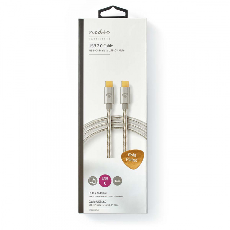 Nedis USB-kabel | USB 2.0 | USB-C™ Han | USB-C™ Han | 100 W | 480 Mbps | Guldplateret | 1.00 m | Runde | Flettet / Nylon | Sølv | Cover Window Box Nedis USB-kabel | USB 2.0 | USB-C™ Han | USB-C™ Han | 100 W | 480 Mbps | Guldplateret | 1.00 m | Runde | Flettet / Nylon | Sølv | Cover Window Box