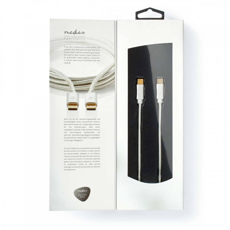 Nedis USB-kabel | USB 2.0 | USB-C™ Han | USB-C™ Han | 100 W | 480 Mbps | Guldplateret | 1.00 m | Runde | Flettet / Nylon | Sølv | Cover Window Box Nedis USB-kabel | USB 2.0 | USB-C™ Han | USB-C™ Han | 100 W | 480 Mbps | Guldplateret | 1.00 m | Runde | Flettet / Nylon | Sølv | Cover Window Box