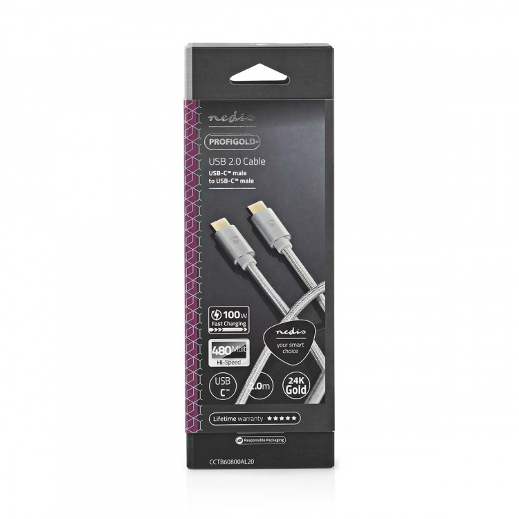 Nedis USB-kabel | USB 2.0 | USB-C™ Han | USB-C™ Han | 100 W | 480 Mbps | Guldplateret | 2.00 m | Runde | Flettet / Nylon | Sølv | Cover Window Box