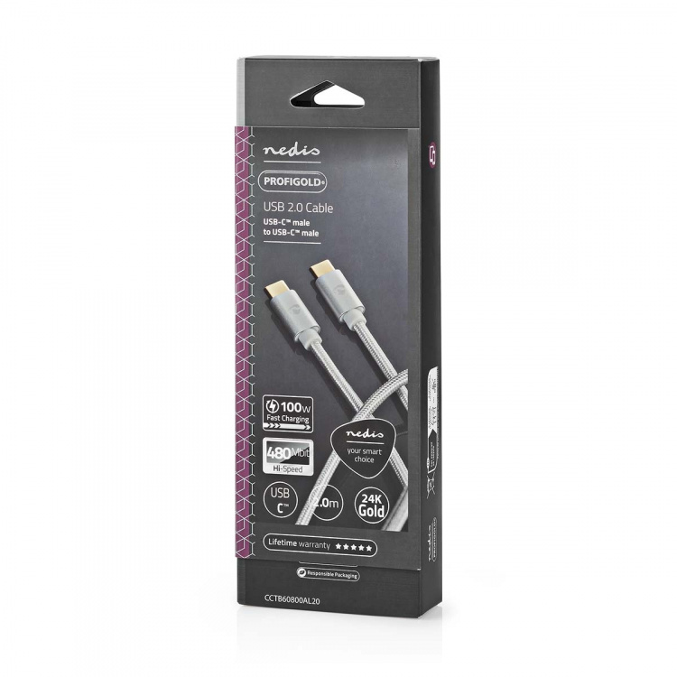 Nedis USB-kabel | USB 2.0 | USB-C™ Han | USB-C™ Han | 100 W | 480 Mbps | Guldplateret | 2.00 m | Runde | Flettet / Nylon | Sølv | Cover Window Box
