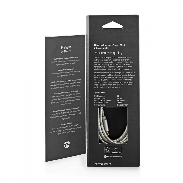 Nedis USB-kabel | USB 2.0 | USB-C™ Han | USB-C™ Han | 100 W | 480 Mbps | Guldplateret | 2.00 m | Runde | Flettet / Nylon | Sølv | Cover Window Box