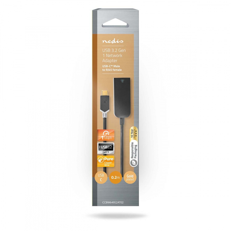 Nedis USB-netværksadapter | USB 3.2 Gen 1 | 1000 Mbps | USB-C™ Han | RJ45 Hun | 0.20 m | Runde | Guldplateret | Tinkobber | Antracit | Box