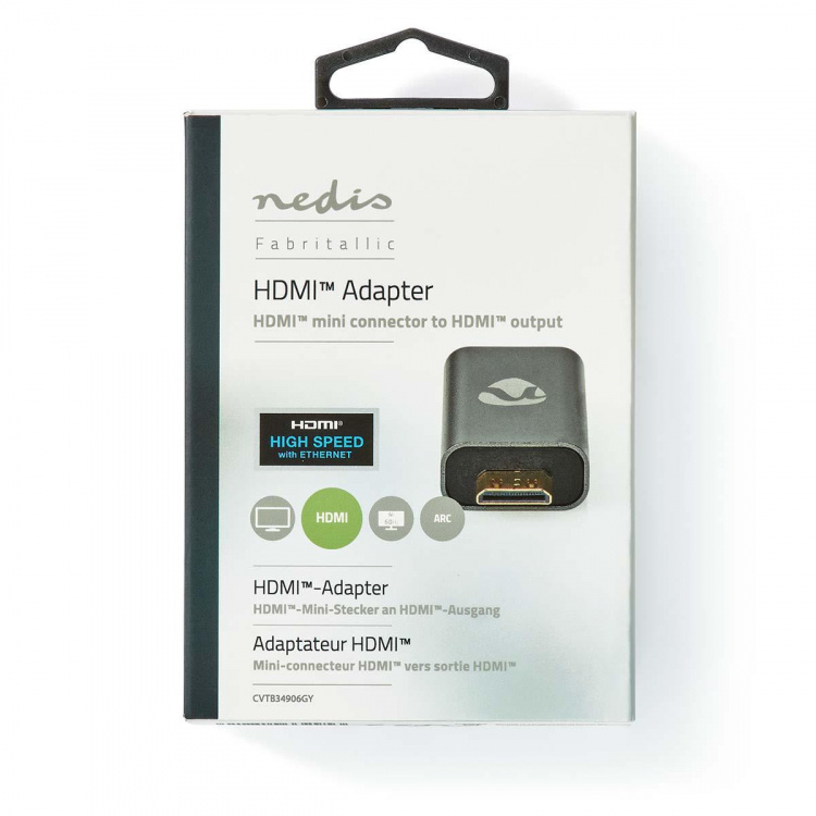 Nedis HDMI™ Adapter | HDMI™ Han / HDMI™ Mini-stik | HDMI ™ -udgang | Guldplateret | Lige | Aluminium | Gun Metal Grå | 1 stk. | Cover Window Box