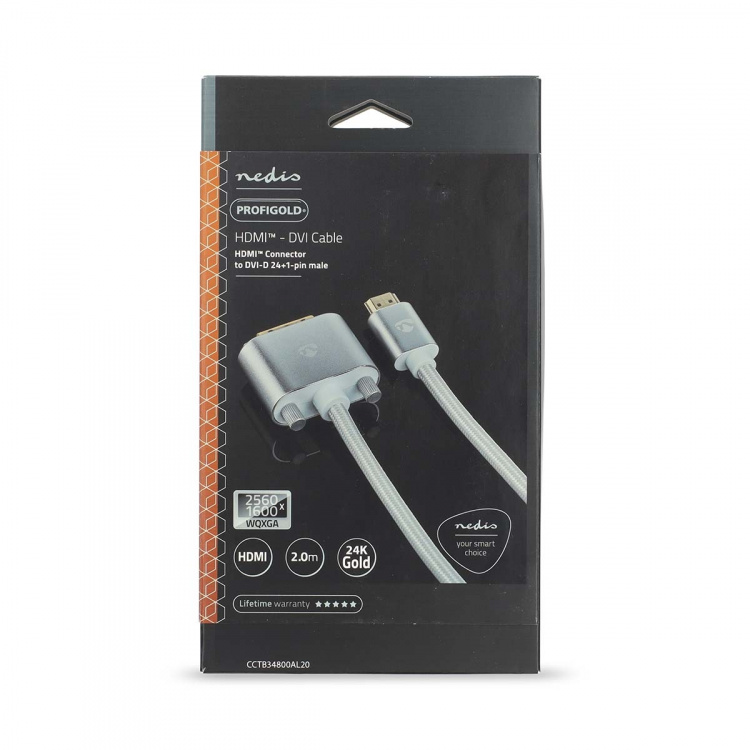 Nedis HDMI™ kabel | HDMI™ Stik | DVI-D 24 + 1-pin han | 2560x1600 | Guldplateret | 2.00 m | Lige | Flettet | Sølv | Cover Window Box