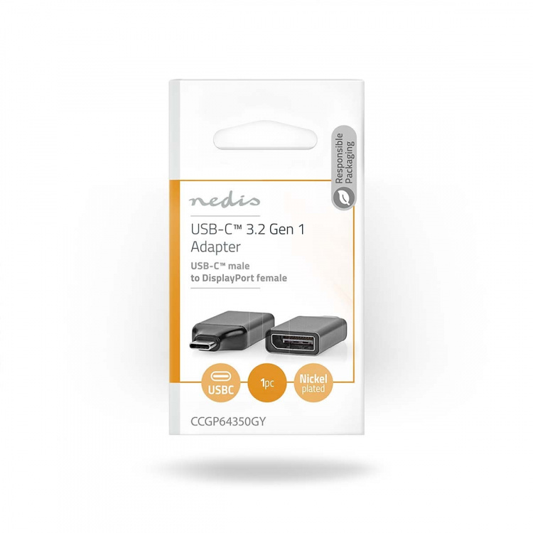 Nedis USB-C™ Adapter | USB 3.2 Gen 1 | USB-C™ Han | DisplayPort Hun | 4K@60Hz | Runde | Nikkelplateret | Grå / Sort | Konvolut