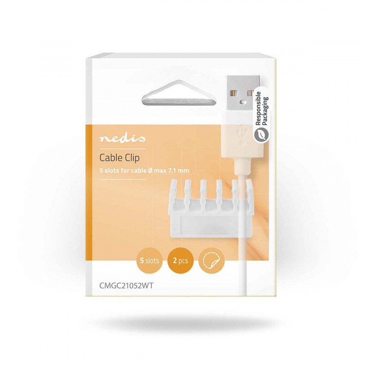 Nedis Kabel Management | Kabelklips | Klik og Go | 2 stk. | Antal slots: 5 Pladser | Maksimal tykkelse på kabel: 7.1 mm | Polypropylene | Hvid