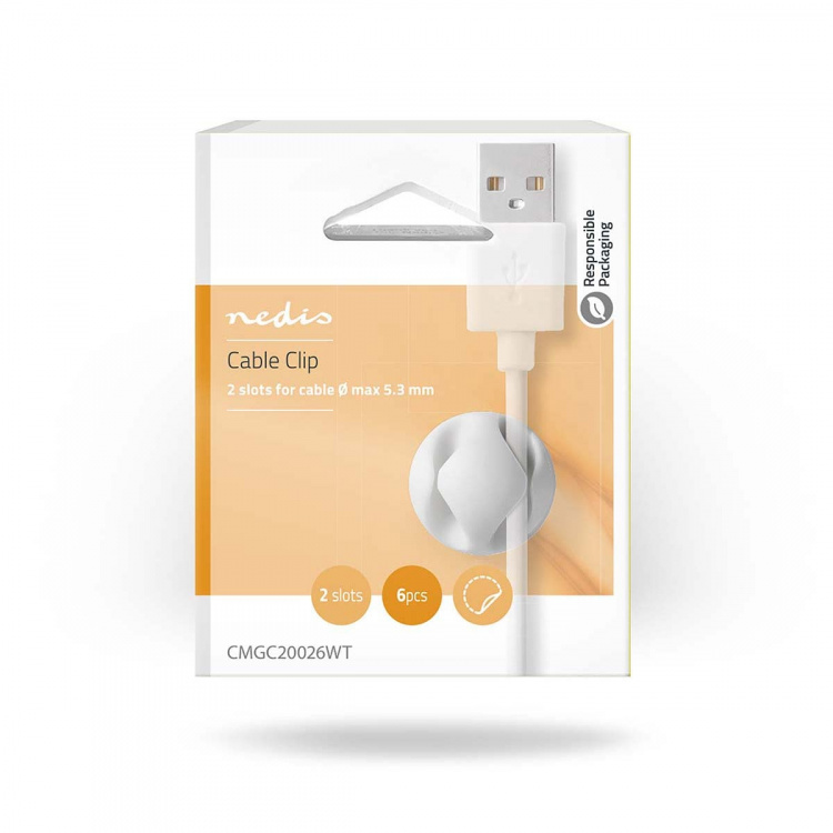 Nedis Kabel Management | Kabelklips | Klik og Go | 6 stk. | Antal slots: 2 Pladser | Maksimal tykkelse på kabel: 5.3 mm | TPE | Hvid