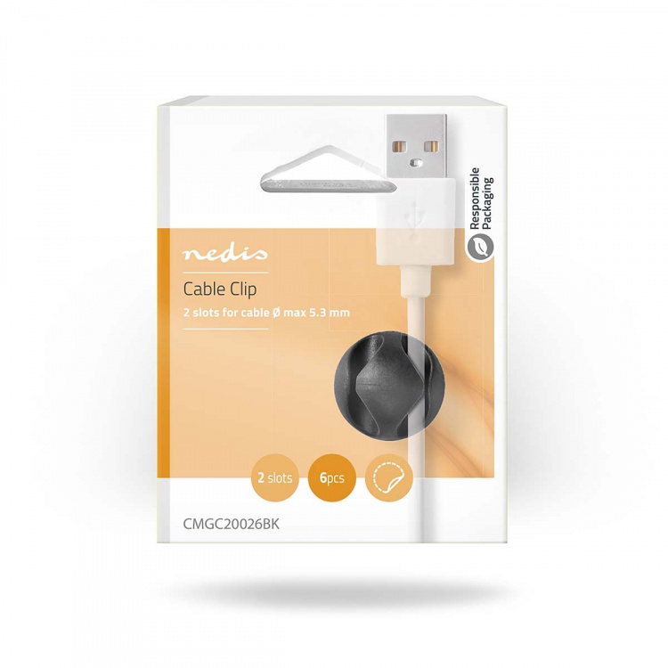 Nedis Kabel Management | Kabelklips | Klik og Go | 6 stk. | Antal slots: 2 Pladser | Maksimal tykkelse på kabel: 5.3 mm | TPE | Sort