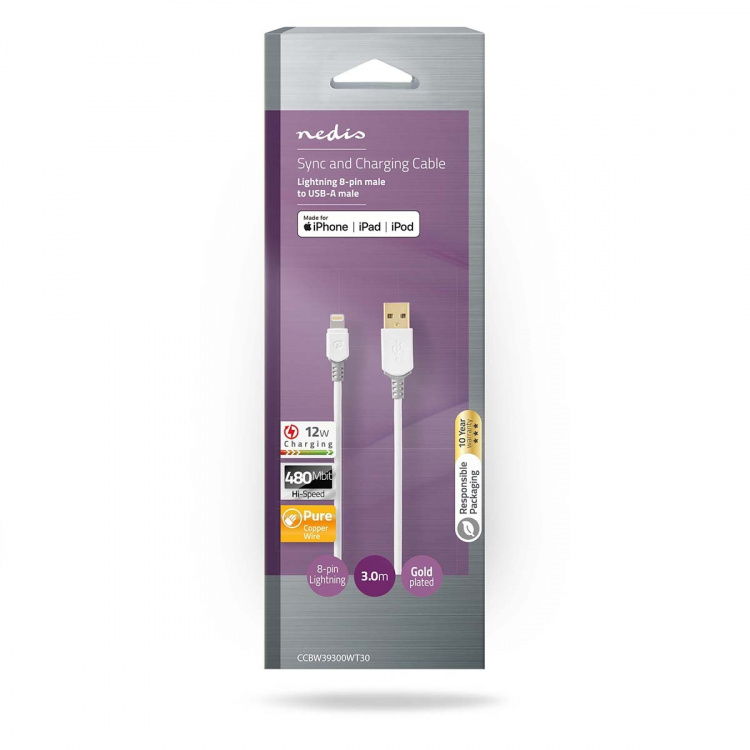 Nedis Lightning Kabel | USB 2.0 | Apple Lightning 8-pin | USB-A Han | 480 Mbps | Guldplateret | 3.00 m | Runde | PVC | Grå / Hvid | Box